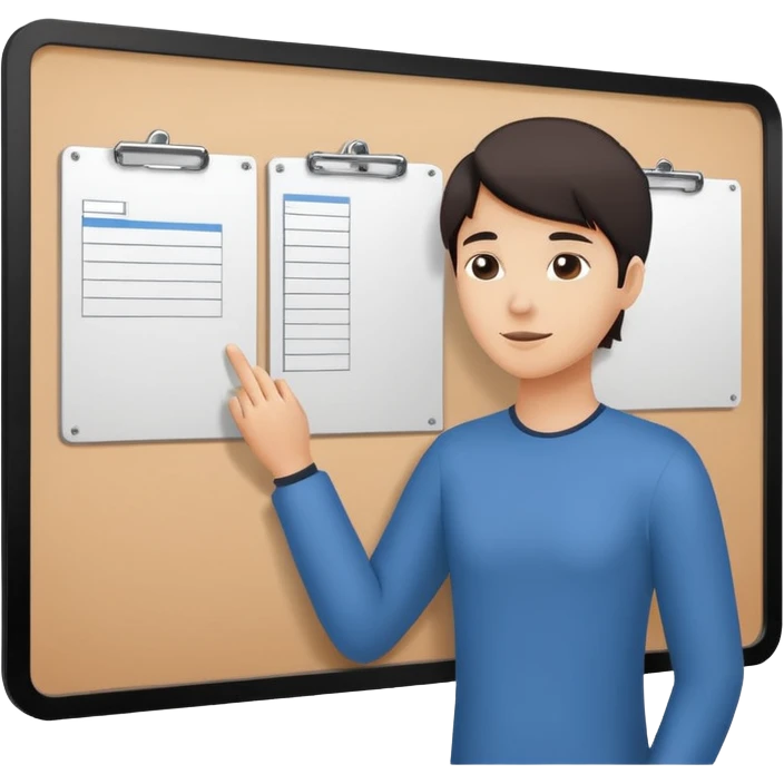 Minimalistic flat vector icon, iOS style, thin black contour on white background. Person silhouette with a project board (kanban/task board) behind. No text, no shadows.
 emoji