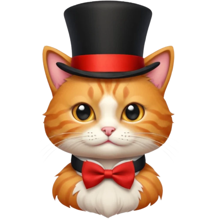Cute emoji-style orange tabby cat wearing a black top hat with a red band and a red bow tie, big round eyes, fluffy fur, clean mascot style, centered, transparent background, 1:1 ratio. emoji