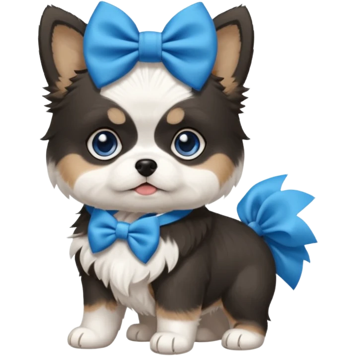 black and white pomsky with blue eyes with a shih tzu puppy who is tan and white with a big blue hair bow  emoji