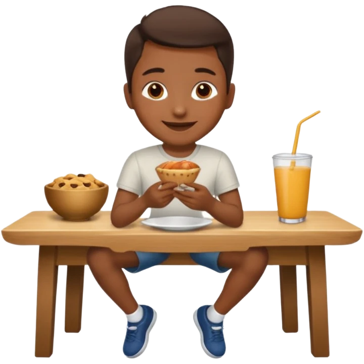 uma pessoa sentada em uma mesa. SENTADA em cima da mesa, como se a mesa fosse um banco. ai o banco vai ser alto e ela vai ta comendo num banco, sendo que ta sentado na mesa. tipo SENTADO na mesa mesmo, em cima da mesa emoji