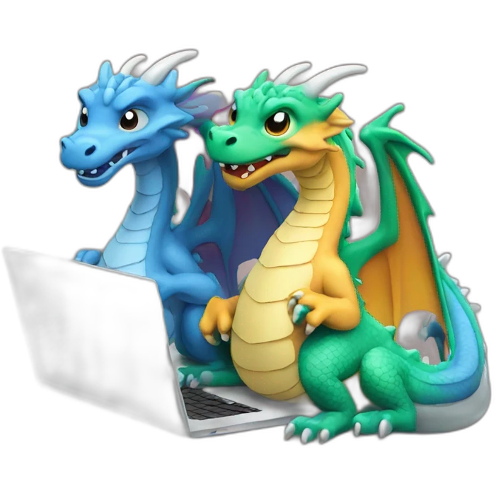 two dragon friends different colors looking at a laptop emoji