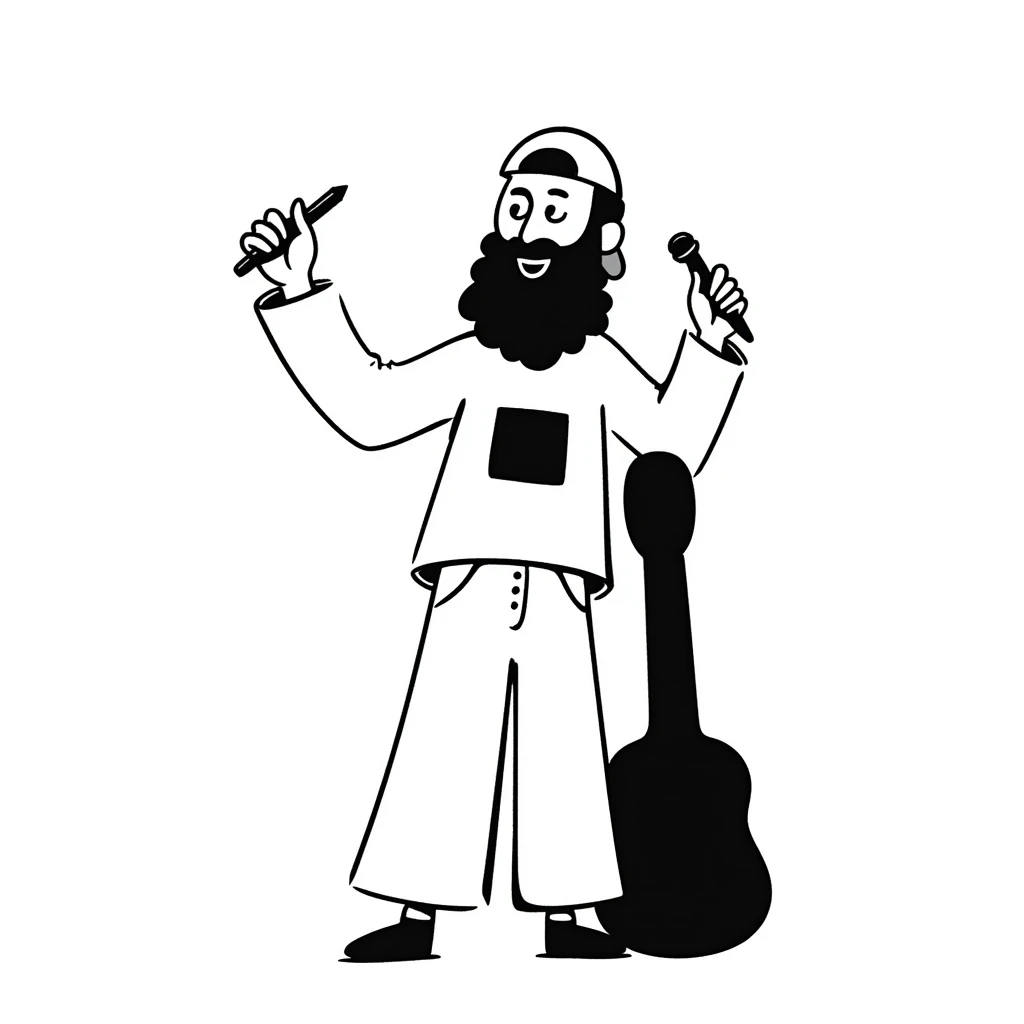 adult musician with beard and backwards cap, smiling widely, holding microphone in one hand and pencil in other hand emoji