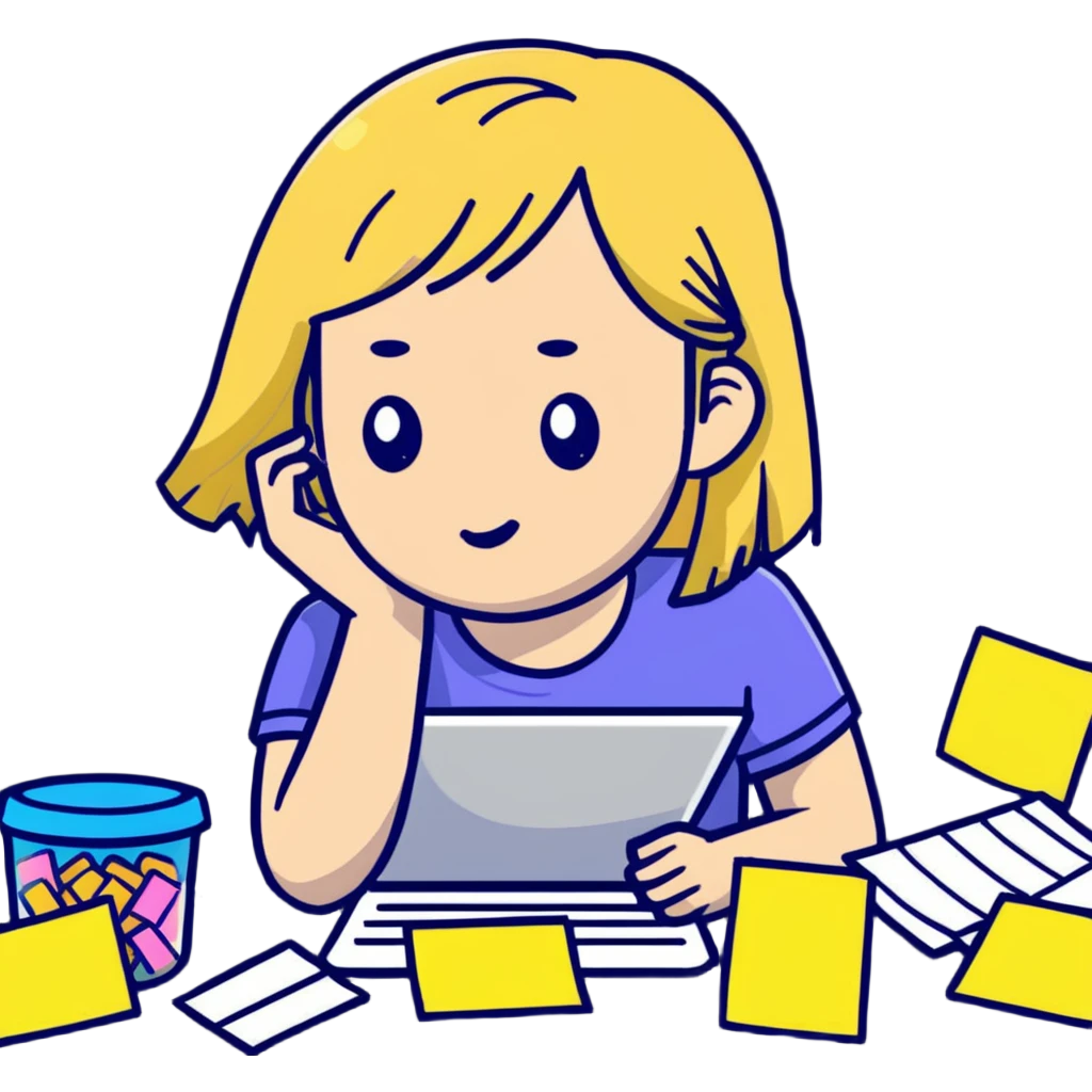 blonde straight-haired girl in survival mode, surrounded by sticky notes and snacks, overwhelmed emoji