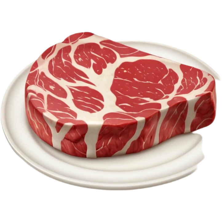 raw ribeye steak thick red meat white marbling rounded shape curved fat cap visible muscle grain fresh moist no grill plate garnish no faces clean 3D soft shadows transparent background emoji scale emoji