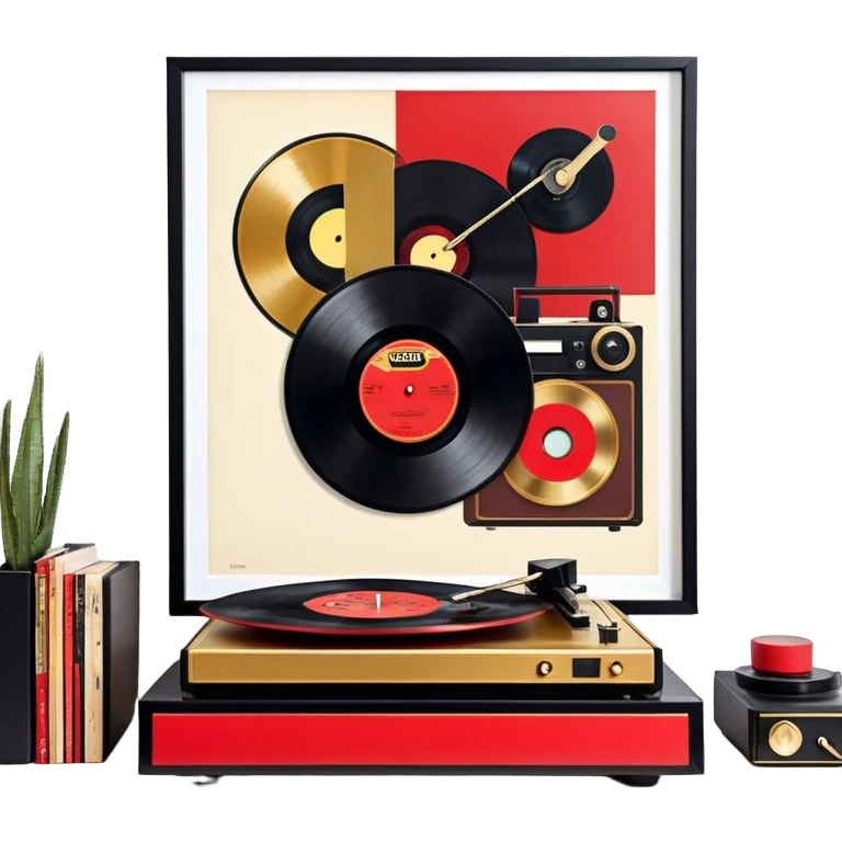 Icon for Vinyl Record Collecting: large black, golden and red vinyl records in decorative packaging featuring artist images, neatly arranged on a wall or shelf, modern vinyl record player. The icon should reflect the aesthetic and artistic aspect of collecting vinyl records. Transparent background. emoji