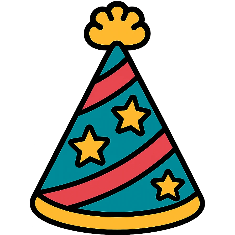 A colorful birthday party hat with stars and stripes pattern emoji