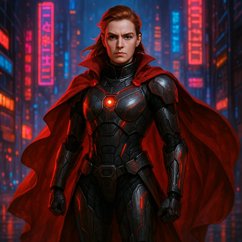 Scarlet Duke from the future, advanced technology suit, red cape, determined expression, neon city background emoji