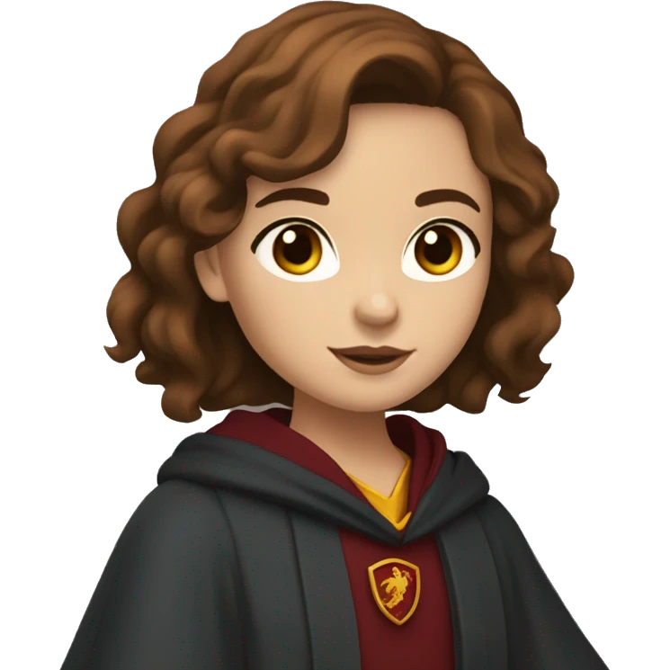 girl with brown hair past her shoulders with blueish grayish eyes wearing a gryffindor robe emoji