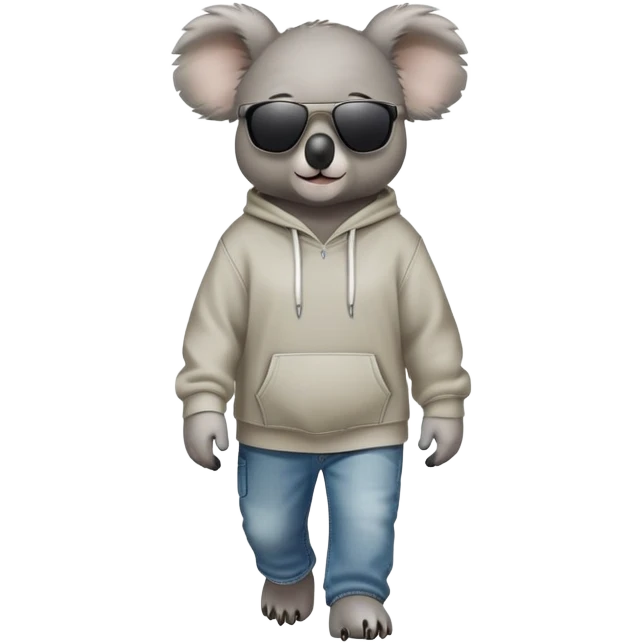 anthropomorphised koala full body wearing a hoodie and jeans dark sunglasses walking emoji