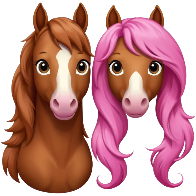 i want you to make a brown horse and a chestnut horse looking like best friends and having a pink bow on their maine next to ther ear emoji