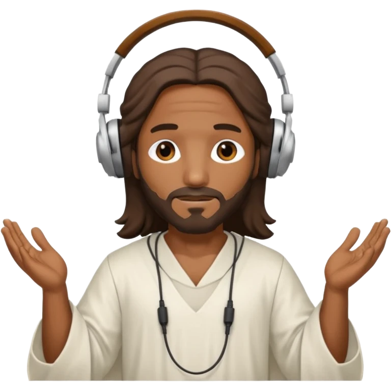 African American Jesus Christ wearing a white tunic holding a pair of headphones emoji