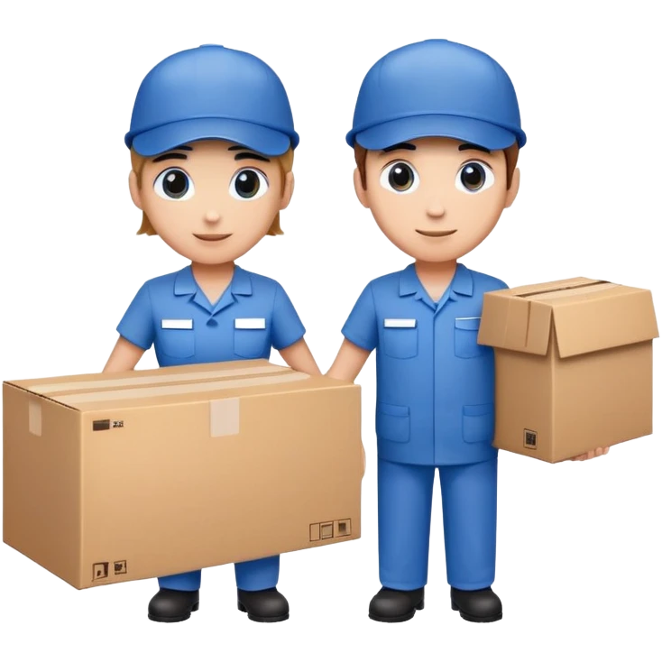 two suppliers standing together holding a big box, both wearing blue caps and blue work uniforms emoji