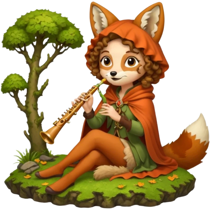 forest sticker character, woman with curly brown hair dressed as fox bard, tail cloak and ear hood, sitting on moss playing flute emoji
