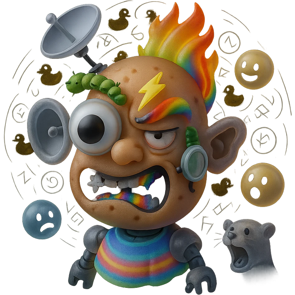 chaotic character with warped potato face, huge googly eye, tiny angry eye, glitching mouth, star teeth, big nostril, lightning and caterpillar eyebrows, satellite dish and sock puppet ears, half fire half rainbow hair with cactus wearing monocle, UFO dropping spaghetti, robotic body, neon poncho, floating emojis, swirling background of rubber ducks, runes, screaming ferret emoji
