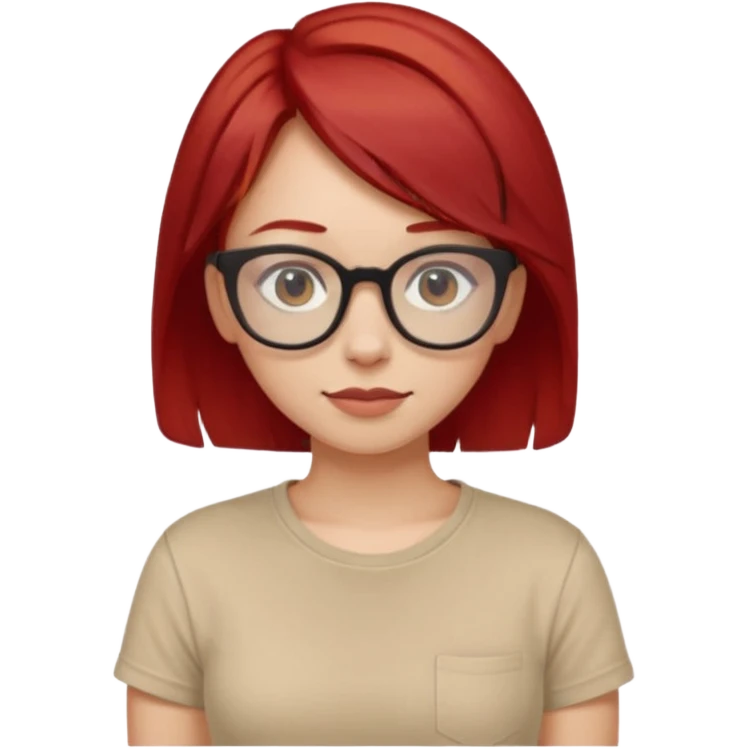 girl short-layer-red-hair wear beige T-shirt, wear dark red glasses emoji
