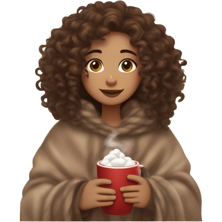 Light skin girl with brown curly hair under our blanket,make her look like a young  make it so you can see the curly hairsipping hot cocoa with marshmallows, cuddled around the blanket, long curly hair, long, medium lashes emoji