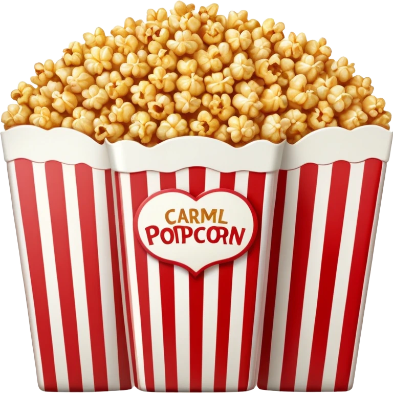 caramel popcorn in an extra large red and white vertically striped package, thick bold stripes, golden brown caramel popcorn, authentic Apple emoji style with glossy finish and subtle gradients, package dominates the image, minimalist clean design, no text emoji