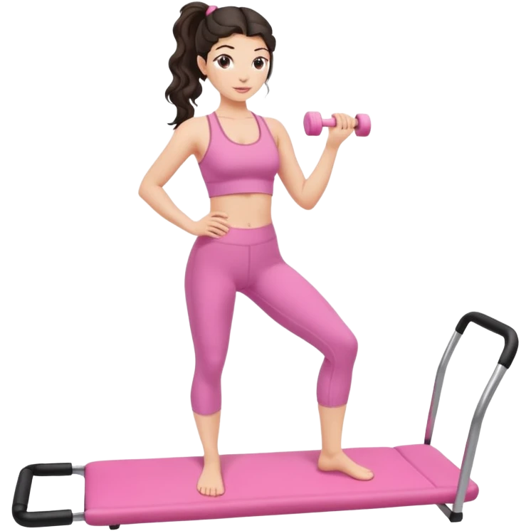 european white woman with dark wavy hair in ponytail using a pink set doing pilates emoji