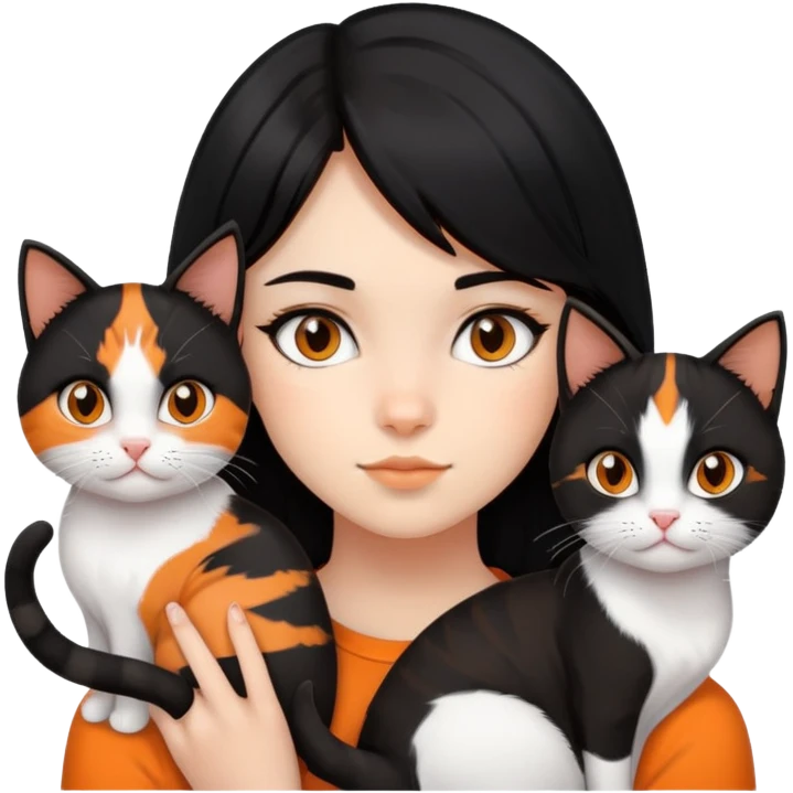 teenage girl with black hair with brown highlights with two cats that are tri-colored (black, orange, and white) emoji