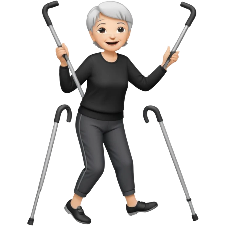 old woman with short hair, dressed with pants, laughing and dancing with crutches emoji