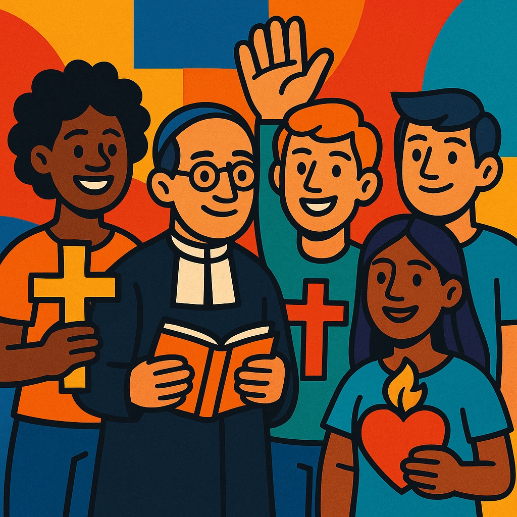 group of diverse young people with Christian symbols, one figure resembling Hno. Gabriel Taborin, colorful and hopeful, Christian vocational animation emoji