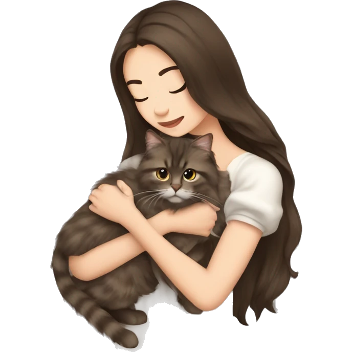 Beautiful skinny woman long dark brown hair in dress hug Siberian cat emoji