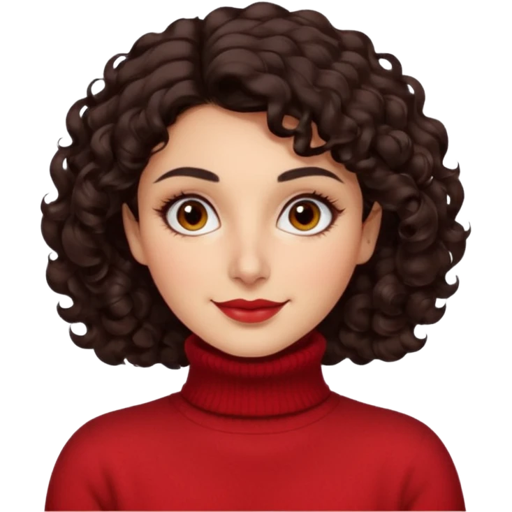 30 yr iranian woman dark brown hair curly wavy short hair, red turtle neck sweater, very thick eyebrows, light skin, dark brown eyes, small smile emoji