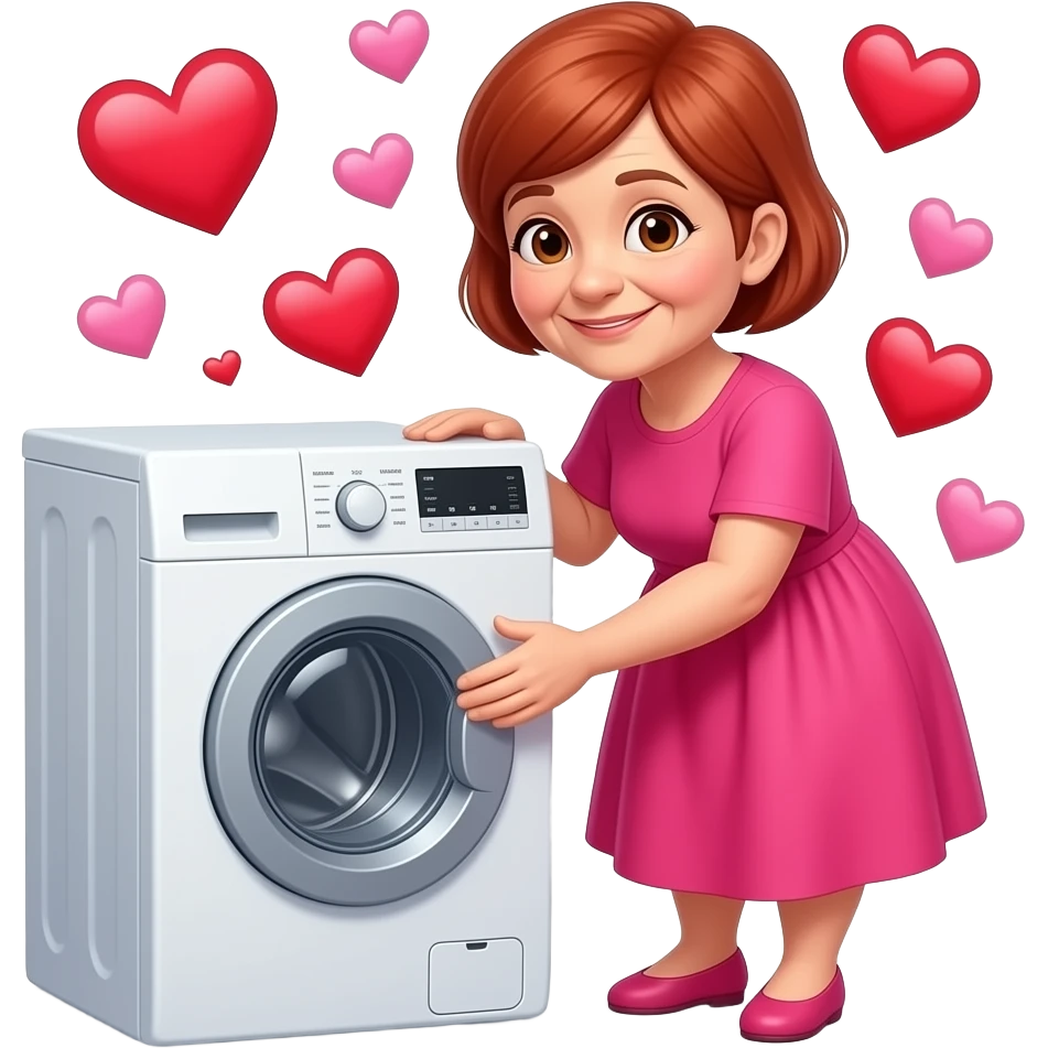 elderly small woman.razor cut very short red hair.wearing bright loose fitting dress in love with her new washing machine surrounded by pink and red love hearts emoji