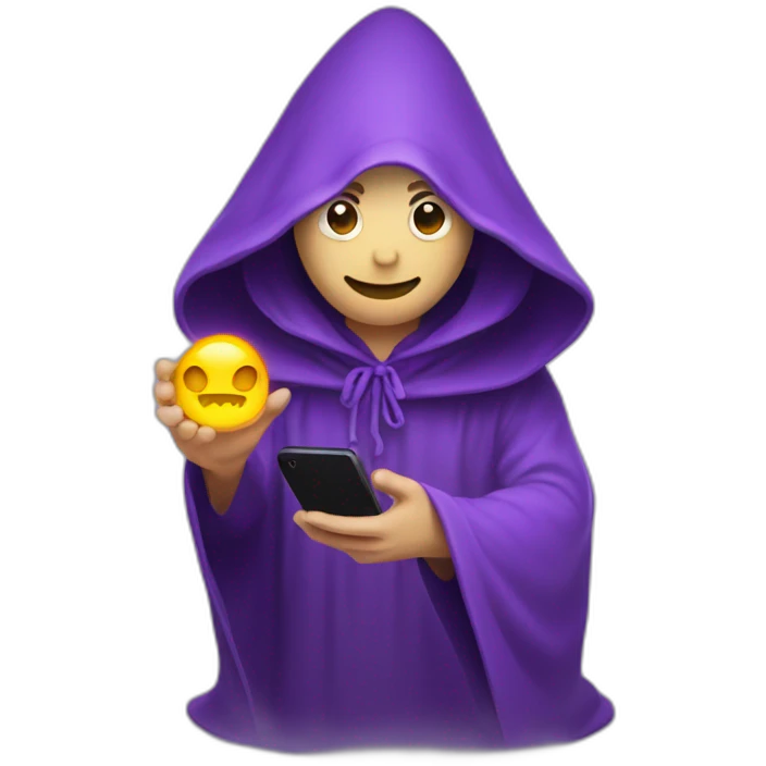 mage floating like a ghost in a purple hood holding smartphone with face in shadow smiling emoji