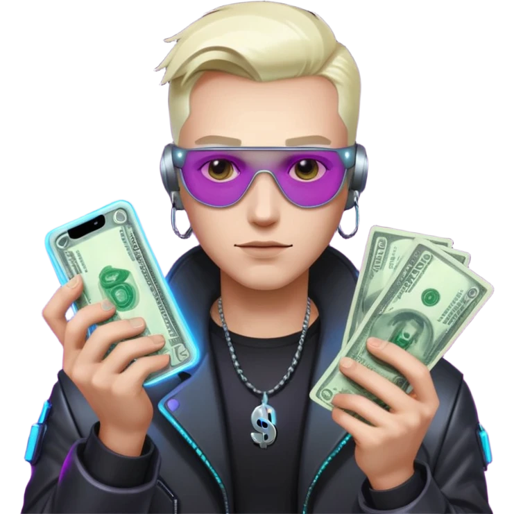 cyber punk man holding money and phone emoji