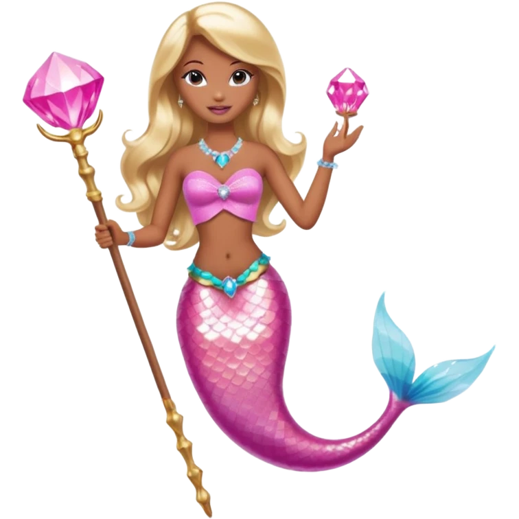 Brown skin blonde hair barbie mermaid with pink diamond tail and wand  emoji