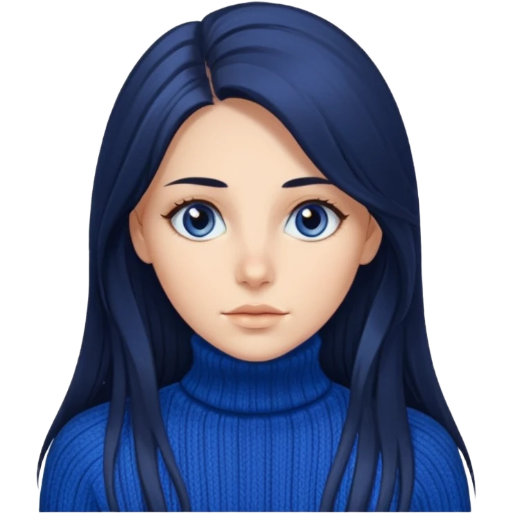 Mujer pelo oscuro y muy largo , con unos mechones saliendo, ojos oscuros y muy atractiva y con jersey de invierno azul de cuello vuelto emoji