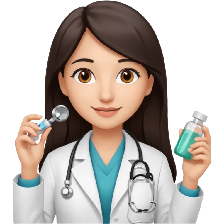 Emoji of a girl named Hiba, a pharmacist. She wears a white coat, has long straight dark brown hair, brown eyes, and a friendly smile. Add small pharmacy details like pills or a stethoscope emoji