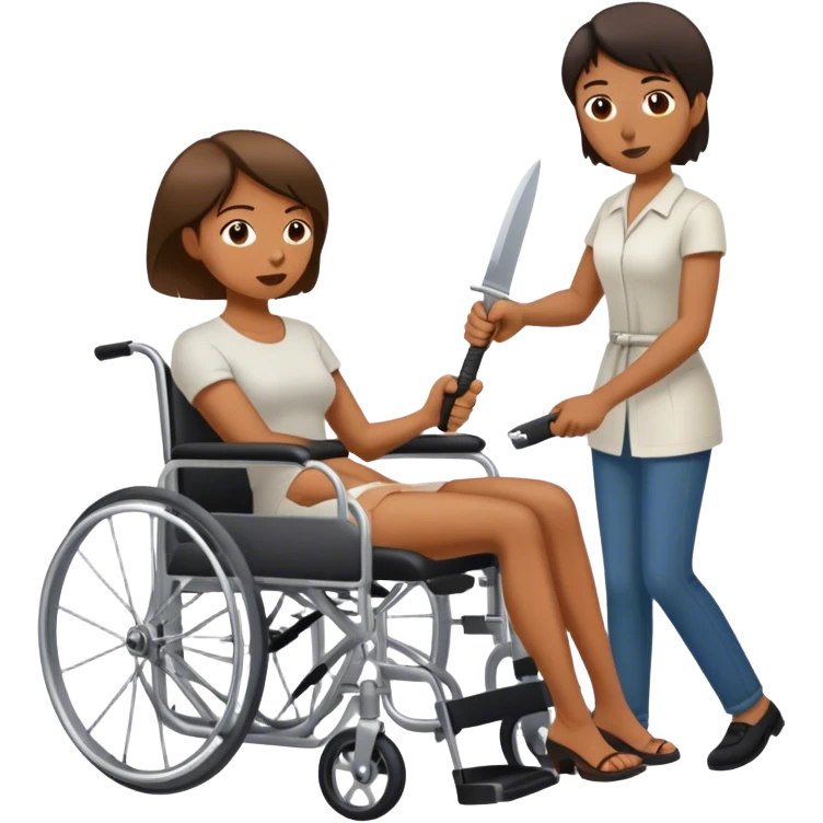 Mujer con cuchillo en la mano, empujando un hombre en silla de ruedas emoji