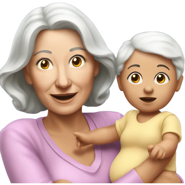 Create a 3d hyper realistic senior woman holding a cute baby girl  emoji