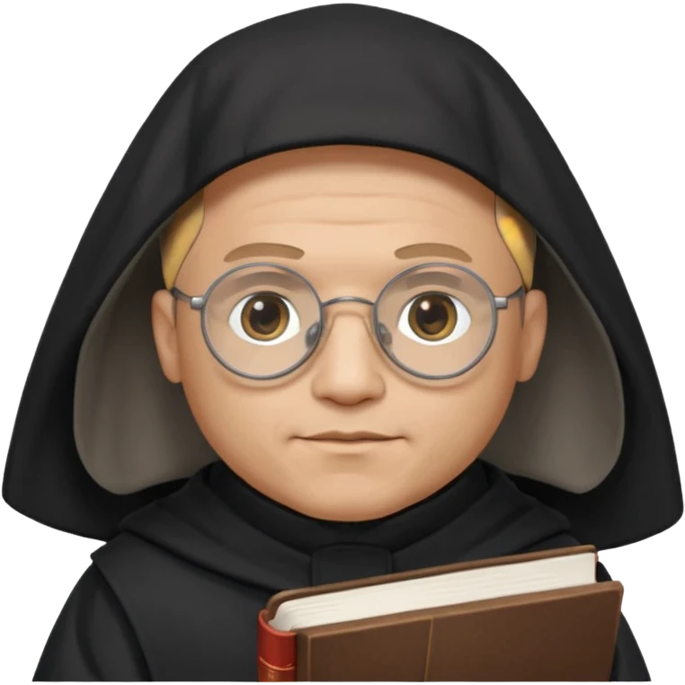 Monk priest prayer black habit with hood round black glasses done light brown wavy hair under hood remove the medallion smaller more round glassed age 46 no necklace more oval face hand holding book that says RB 480 top left is great add a little hair brown gray under hood  emoji