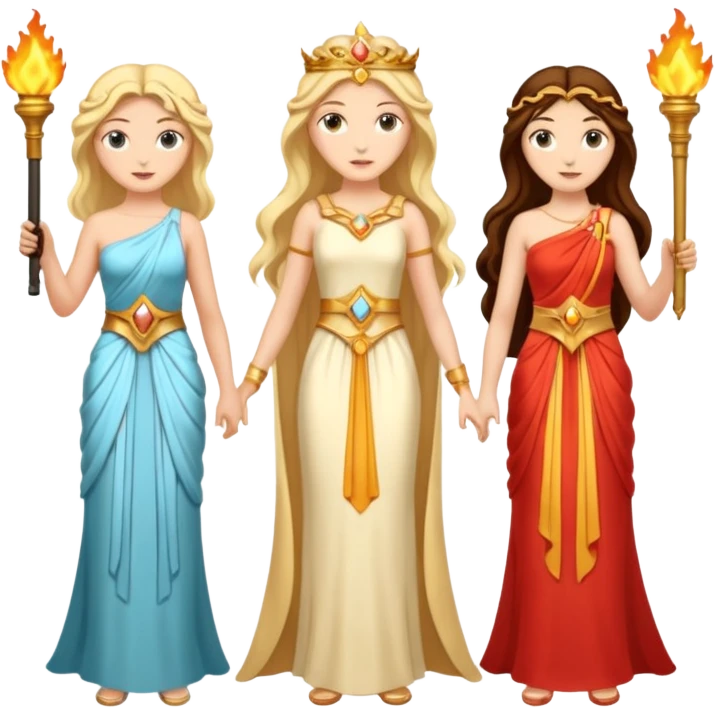 Three goddesses. one with a torch facing right,  one with a torch facing left, one in the center with a key. emoji