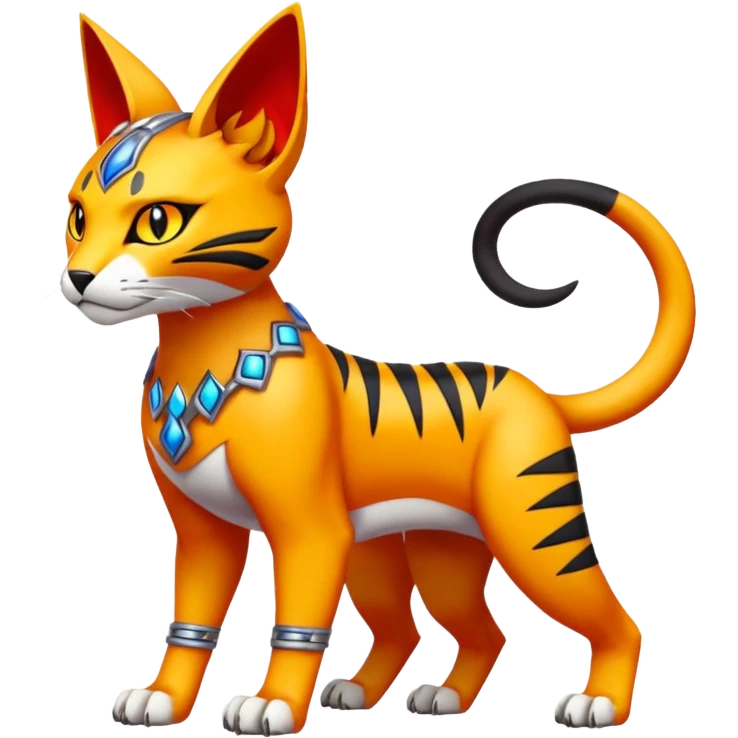 Colorful orange red black yellow Bastet-Gatomon-Vernid-Protogen-Digimon-Fakémon-Pokémon-creature  (full body) emoji