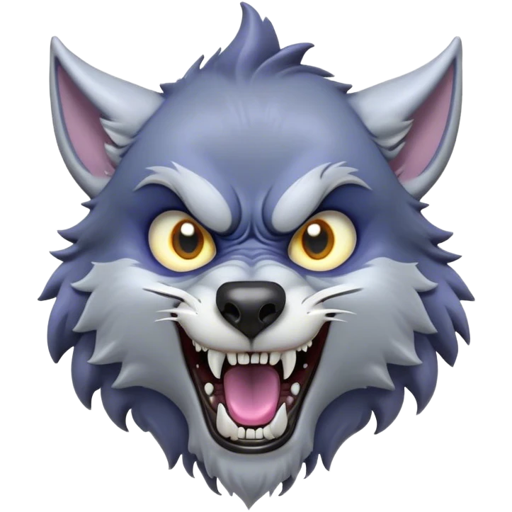 Cinematic Comical Werewolf Portrait Emoji, with a whimsically exaggerated lupine face in vivid moonlit grays and silvers, head cocked in a dramatically shocked expression with comically oversized, wide eyes and a playful snarl, simplified yet hilariously expressive, highly detailed with a soft cartoonish glowing outline capturing the mischievous humor of a werewolf mid-transformation! emoji