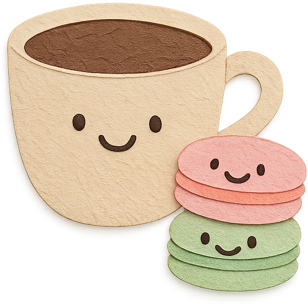coffee cup with two macarons, all with smiling faces, soft pastel colors, hand-drawn style emoji