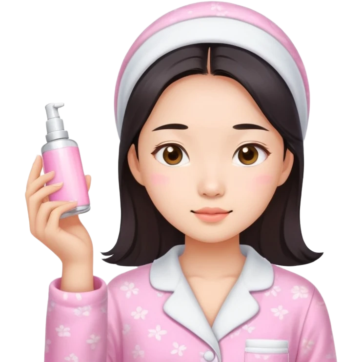 angelic asian girl doing skin care in pink pajamas emoji