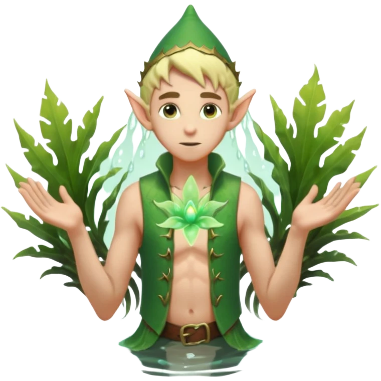 elf male wading in shallow tide pool, palm emitting soft green light to heal glowing coral, practical open vest over bare chest, determined gaze, pointy ears, vibrant underwater plants, centered emoji, nature guardian summer emoji