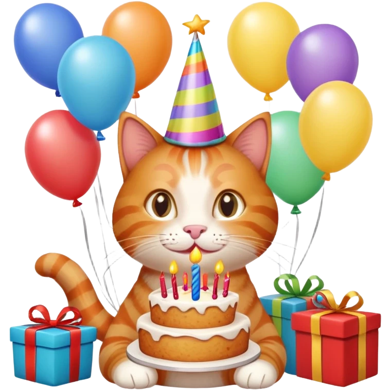 Ginger cat celebrates birthday, birthday hat, birthday cake, balloons, happy, gifts emoji