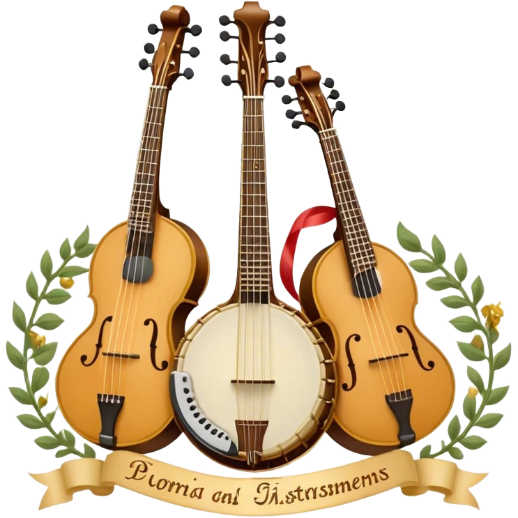 Design a complex, festive, and professional emblem-like emoji representing plucked string instruments. The composition should resemble a heraldic crest, featuring iconic instruments like a banjo, mandolin, domra, and sitar, artistically arranged in a balanced and symmetrical layout. The necks of the instruments should extend upward, intertwining with a flowing ribbon of musical notes, which weaves elegantly around the strings and headstocks. The design should incorporate intricate details, such as carved patterns on the instruments and decorative fretboards, while maintaining clarity and recognizability. Use a rich and celebratory color palette with gold, deep brown, and vibrant accents, adding subtle highlights and shadows for a polished, three-dimensional look. Include ornate elements like laurels, swirls, or subtle engraving to enhance the emblematic feel. The background should be transparent to highlight the composition as a standalone emblem. emoji