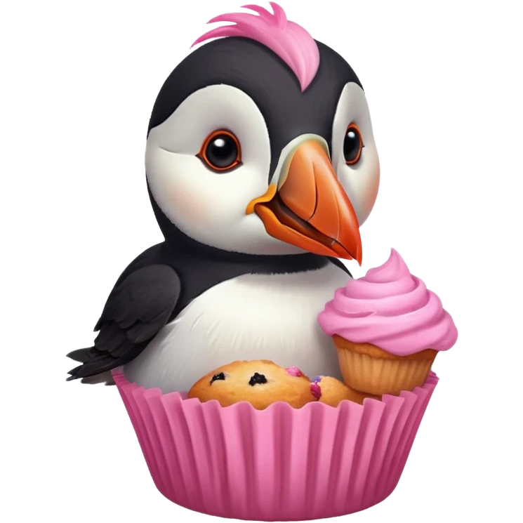 pink head feathers puffin eating pink muffin emoji