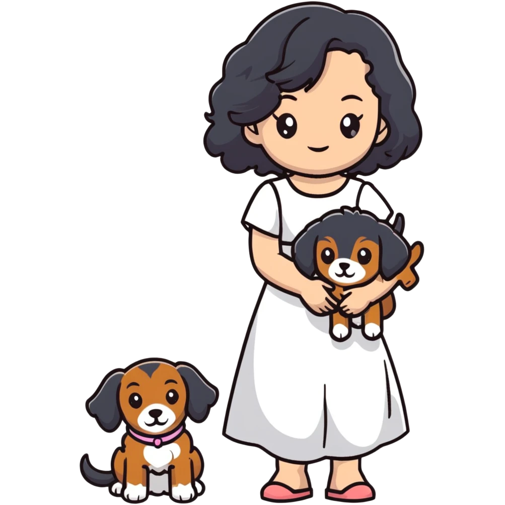 A beautiful girl with long black hair in a white dress holds a small brown curly-haired dog emoji