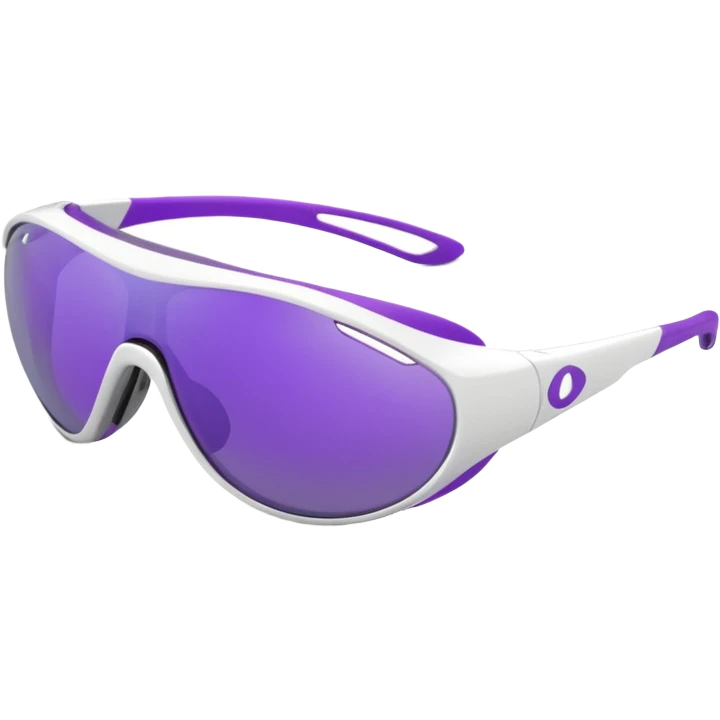 3D render of futuristic sports sunglasses, oval purple tinted lenses, white glossy frame, large gray ventilated nose guard, detailed reflections, realistic materials, high detail, isolated on transparent background, 4K resolution emoji