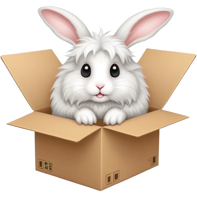  A very cute young Angora long rabbit  with one's head tilted to one side poked its paws out of the cardboard big box and placed them on top of it emoji