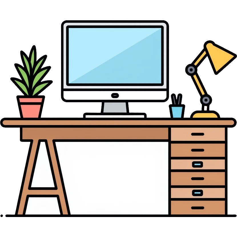 Clean and organized workspace desk with a computer monitor and a small potted plant, minimal clutter, organized office supplies emoji
