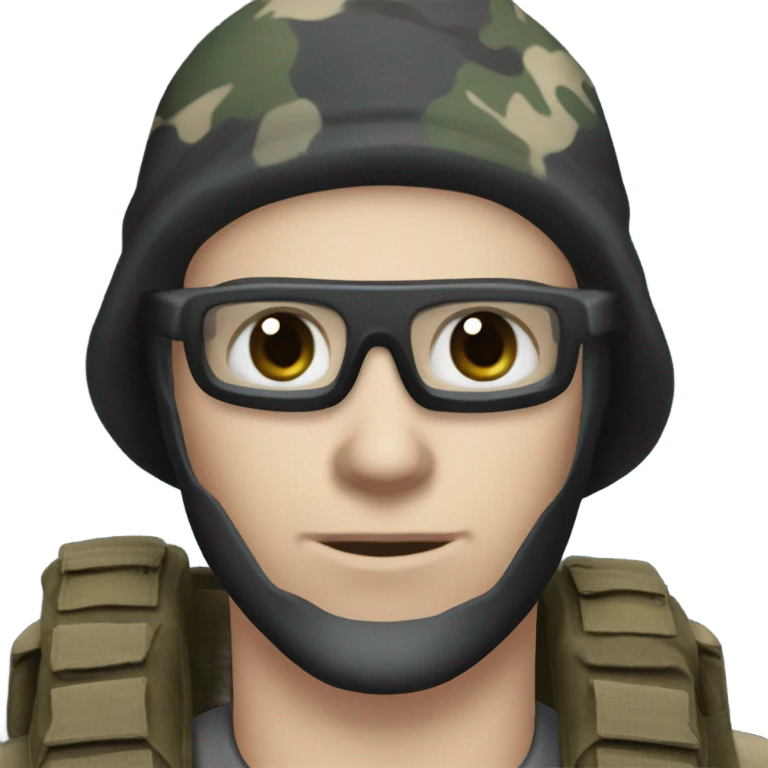 male, pale skin, call of duty black face mask, camo tactical gear, combat boots, black beanie, blue eyes emoji